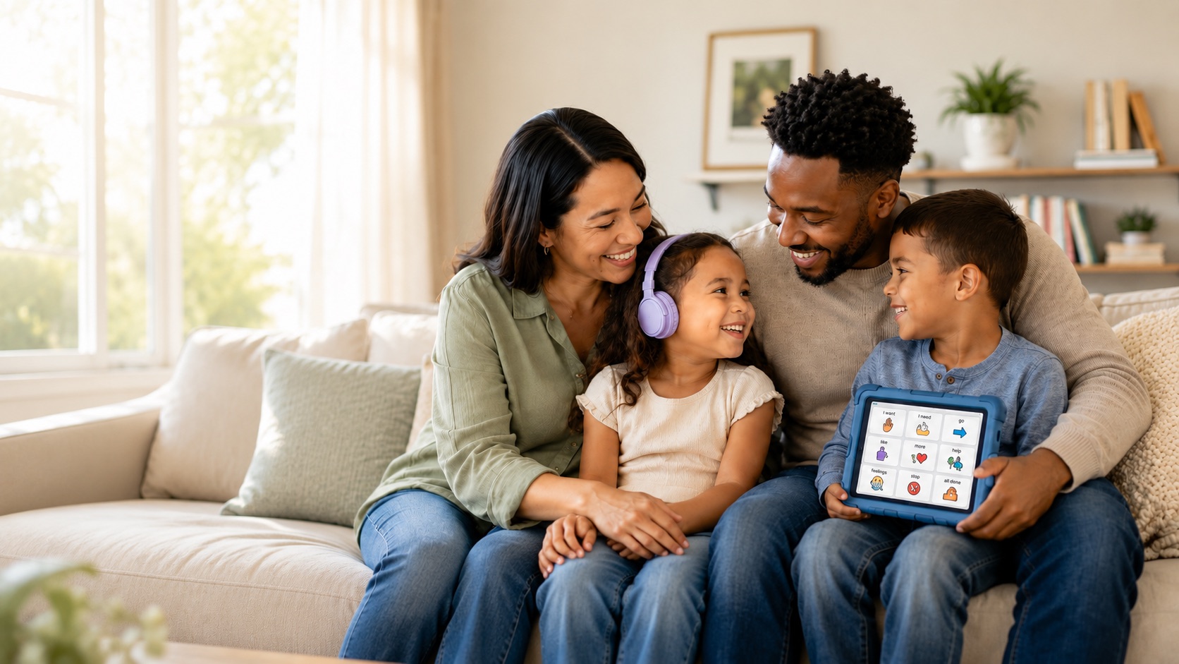 A family together on their sofa; a boy holds an AAC tablet while his sister wears noise-canceling headphones